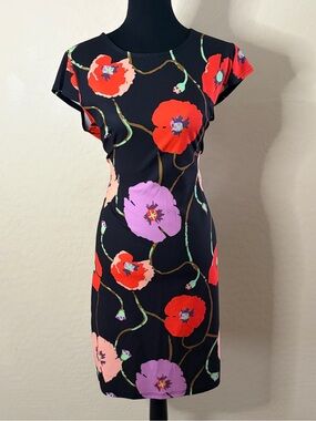 Sz XL Black Floral Sheath Dress with Red & Lilac Blooms